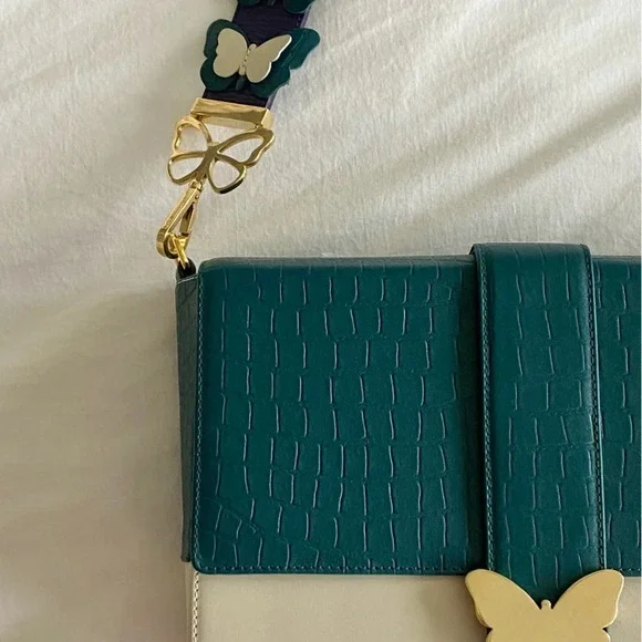 Elizabeth Sutton Leather Bag Multicolor Cream & Forest with 3D Butterfly Strap